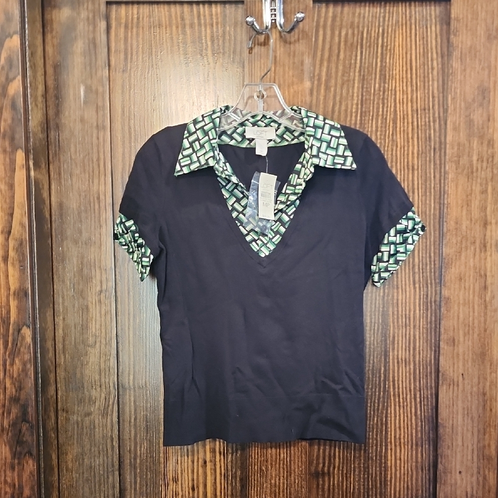 LOFT Black Shirt with Green Geometric Pattern